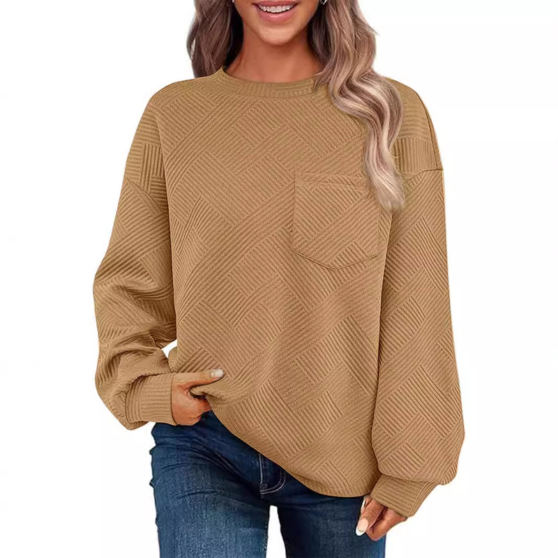 2026 Women's Knitted Jacquard Long Sleeve Round Neck Front Pocket Sweatshirt Casual Loose Pullover Sweatshirt