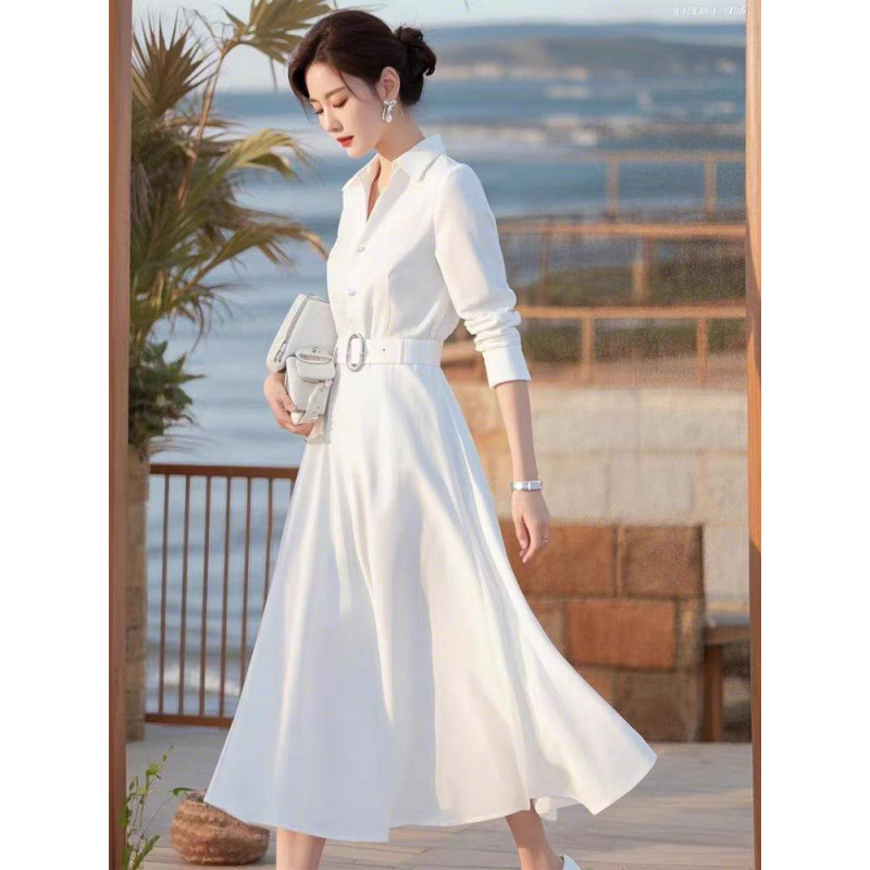 Spring dignified atmosphere socialite goddess fan dress high sense formal occasion commuter style white waist dress