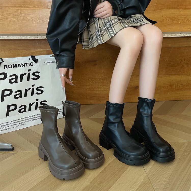 British Style Thick Heeled Short Boots for Women in Autumn 2023   Small and Thick Bottomed Versatile Back Zippered Short Leg Martin Boots_voghion.com