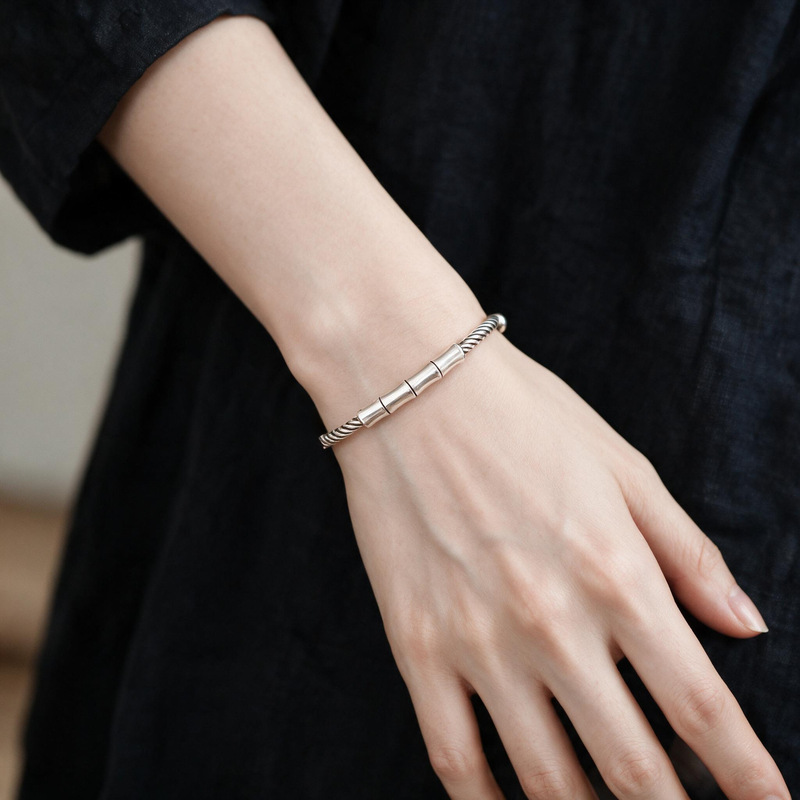 Retro retro Chinese style bamboo bracelet female niche Thai silver simple fashion twist creative open bracelet wholesale