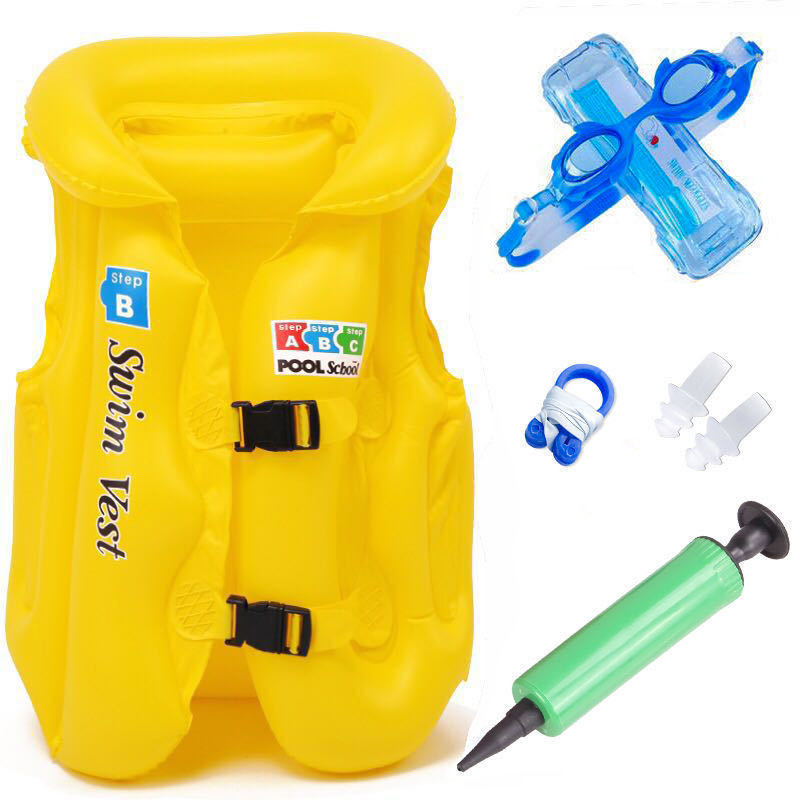 **노란색 구명조끼 + 수영고글 + 노즈클립 + 귀마개 + 펌프 - S 사이즈 5-12.5kg **