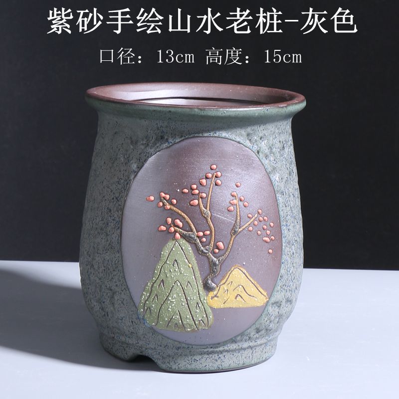 紫砂手绘山水老桩-灰色