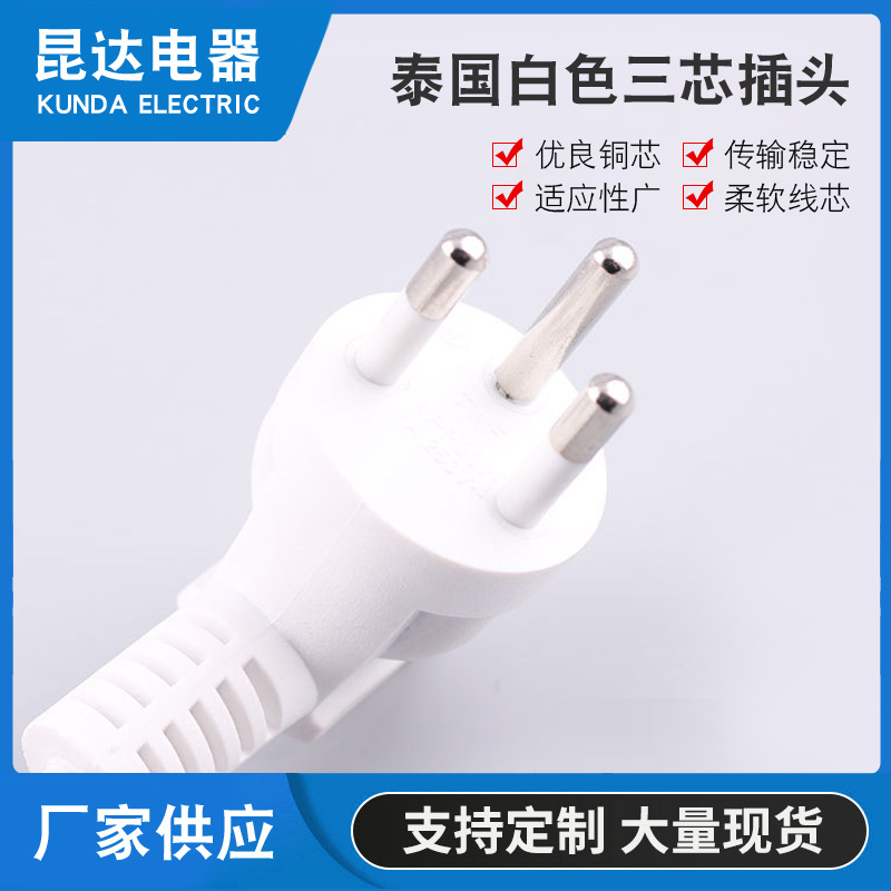 东南亚泰国印尼马来越南定 制AC三极电源线插头 环 保泰国白色三