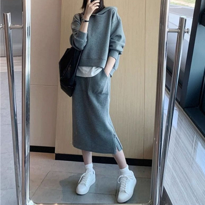 Cross-Border 2025 New Autum Hong Kong Style Casual Sportswear Sweatshirt Two-Piece Set Fat mm Loose Skirt Suit for Women