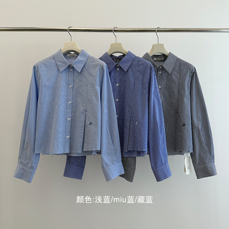 Fu 初秋新款格纹衬衫2025十三行女装miu系小格子长袖短款衬衣5268|undefined