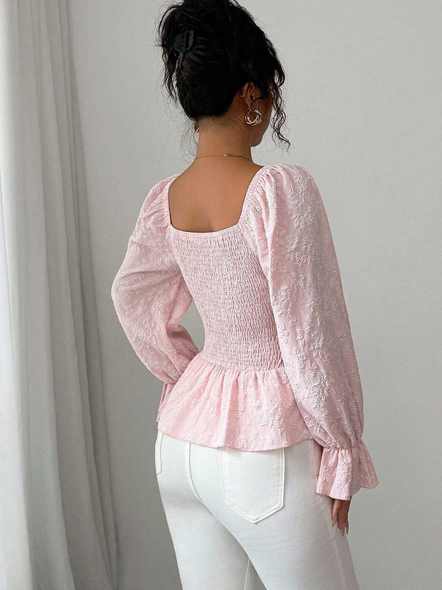 Ruihou Women's French Design U Neck Tie Waist Long Sleeve Blouse Casual Elegant Fashion Thin Top For Spring/Autumn_ecoleips.com