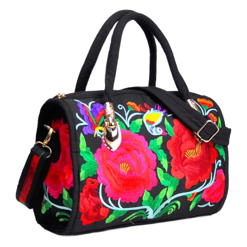 Estilo étnico bordado crossbody portátil de doble uso bolsa de tambor lienzo bordado floral bolsa de viaje hombro portátil bolso de las mujeres