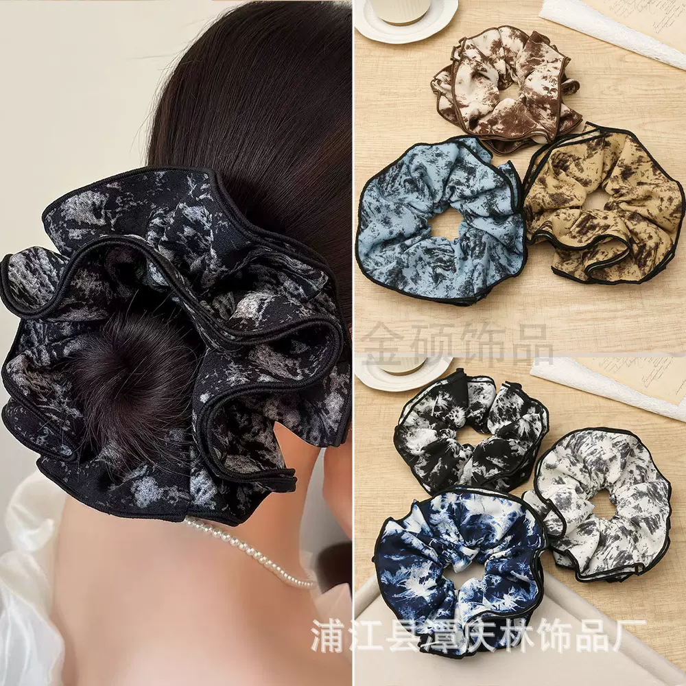 新中式国风高级感大肠发圈超大号双层印花拷边扎丸子头发圈女批发