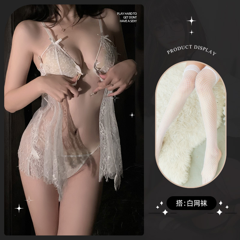 See-through 푸시 업 나이트 드레스 화이트 t 바지 + 스타킹