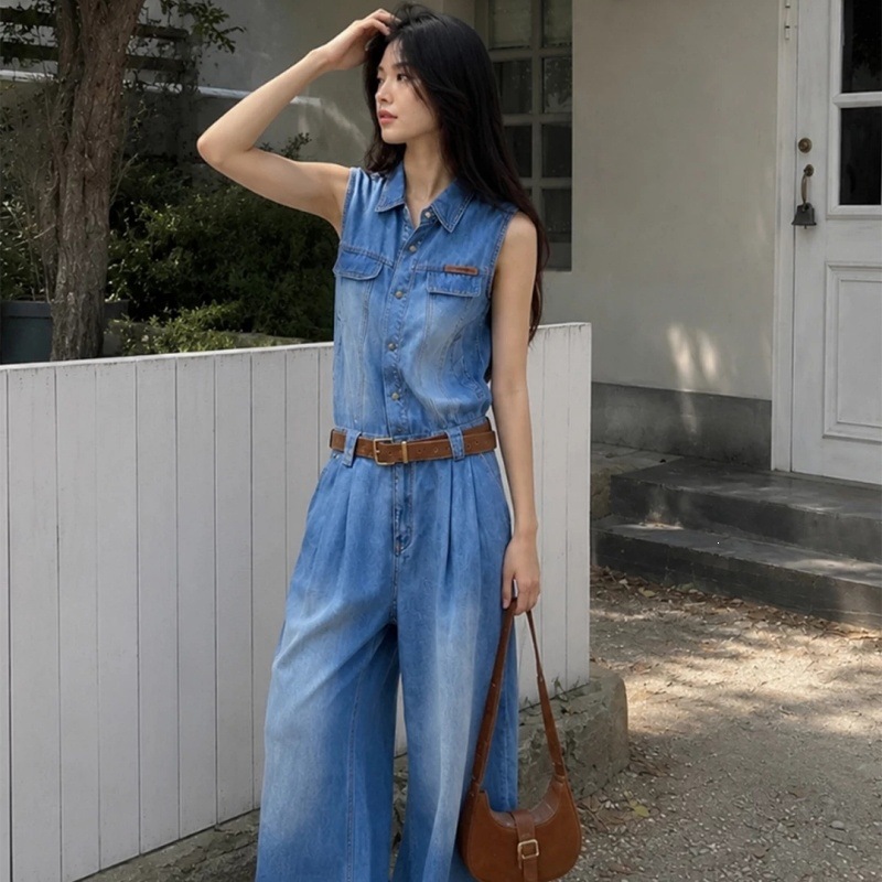 zj823zj823 American Retro Washed Blue Denim Jumpsuit for Women, Summer 2026, Thin, Loose, Slimming, Sleeveless