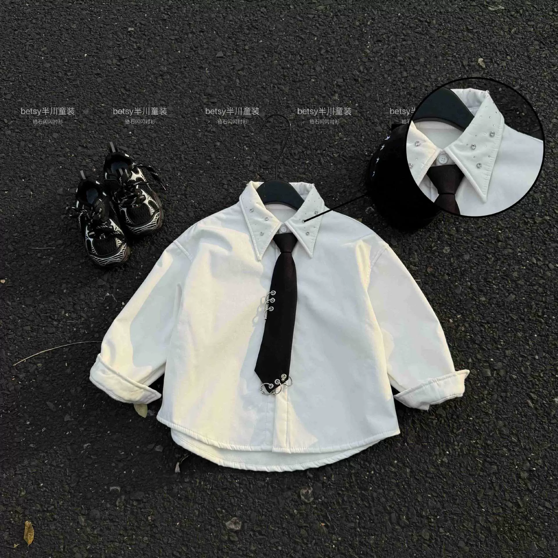 儿童衬衫2025冬季新款男童加绒翻领镶钻潮流百搭衬衫（无领带）