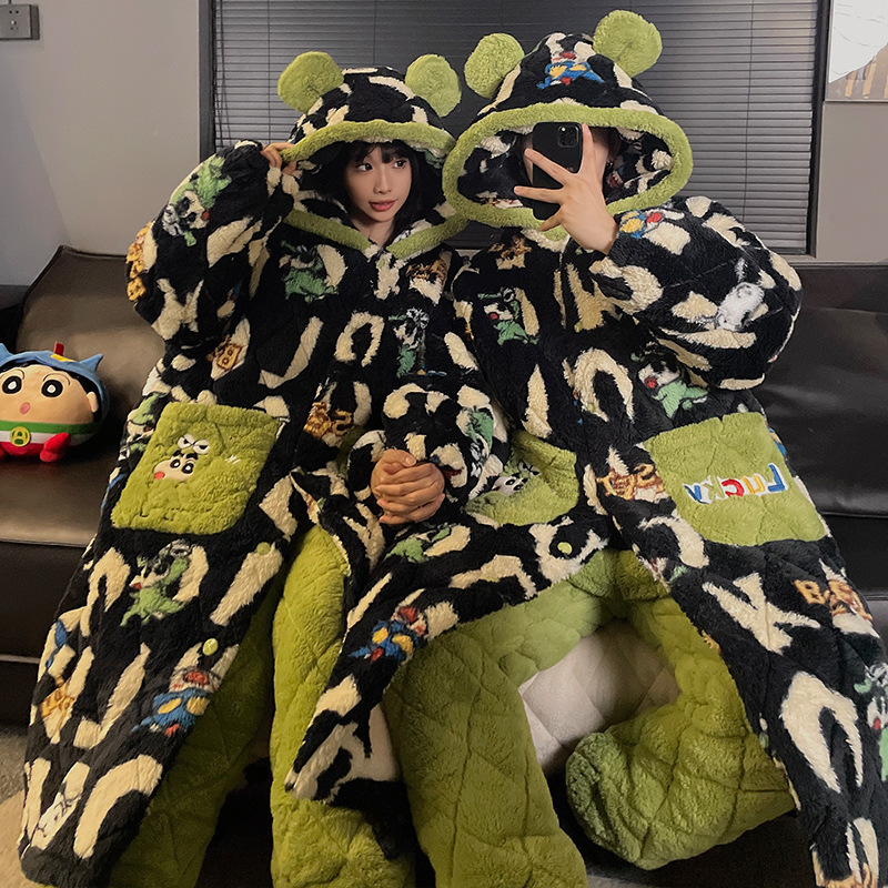 Carefully Selected Three-Layer Thickened Quilted Couple Pajamas for Women, New Winter Cartoon Lapel Cardigan Men's Loungewear Set