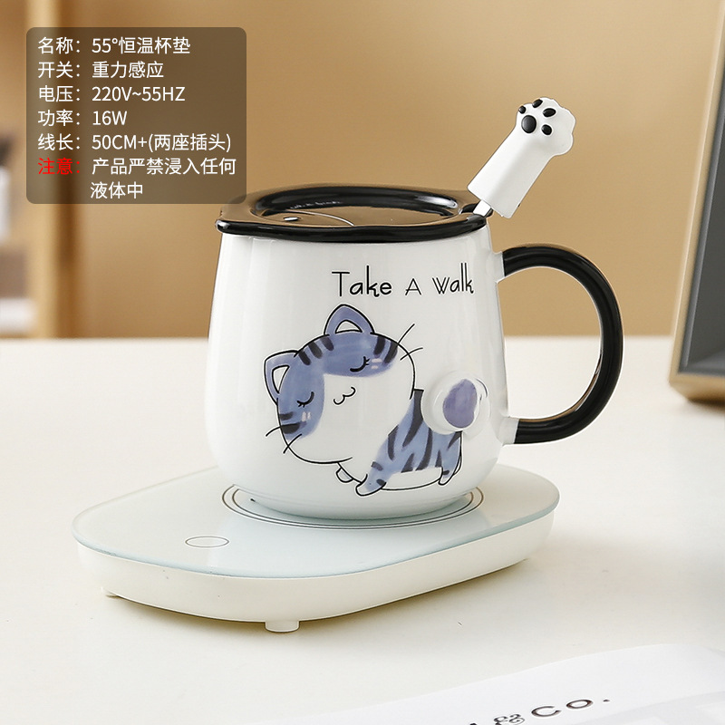 Taza de gato Mark con tapa Cuchara Taza de agua de cerámica Taza de pareja de dibujos animados de cerámica para hombres y mujeres Taza de desayuno de café de oficina