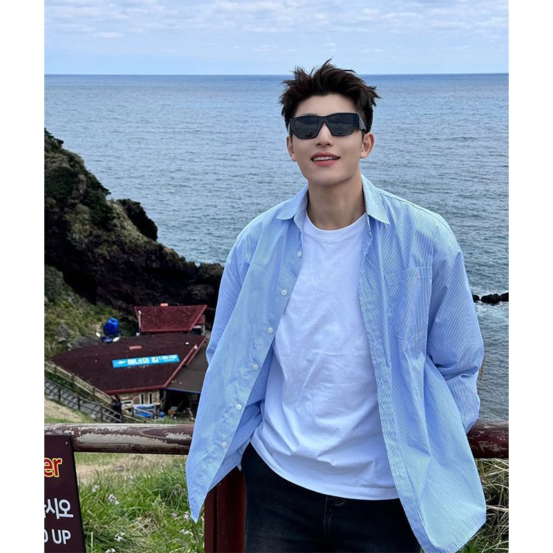 Youthful Style Blue Striped Shirt Men's Trendy Korean Long-Sleeve Shirt Thin Sun-Protective Jacket
