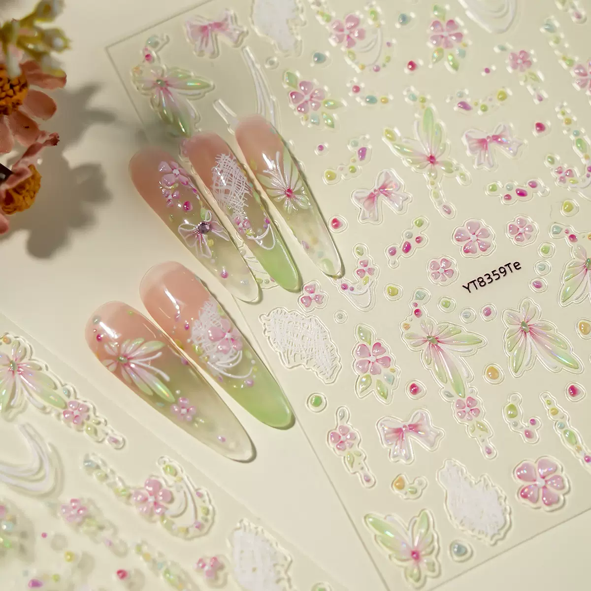 蚁图春季美甲贴纸唯美蝴蝶结指甲贴小红书爆款美甲贴批发YT8359