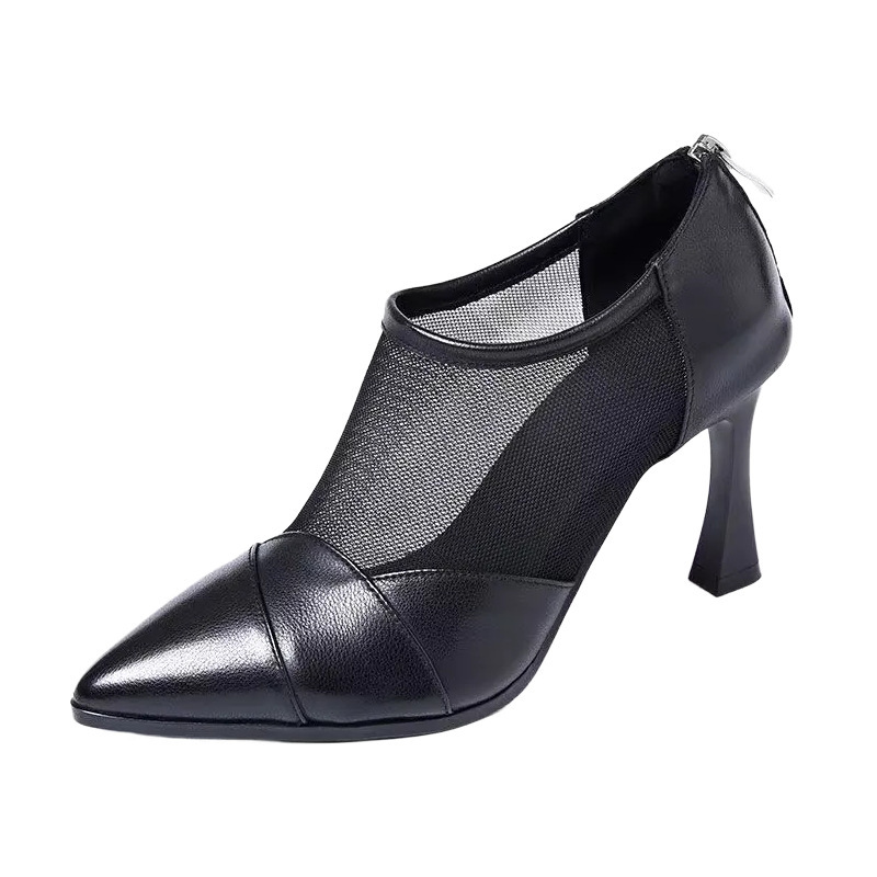 Botas de malla de cuero suave de talón fino 2026 verano nuevo zapato de punta trasero ventilado con cremallera extranjera zapatos de tacones altos