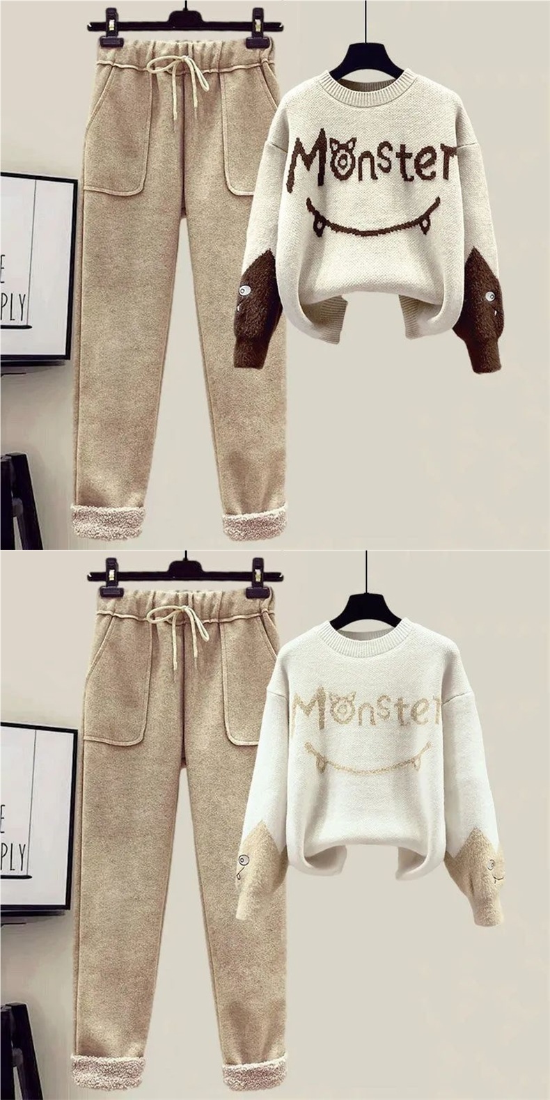 ChicShe Plus Size Damen Herbst/Winter Anzug, dreiteiliges Set aus neuer Lammwolle, bestehend aus Weste, figurformendem Strickpullover und Freizeithose_voghion.com