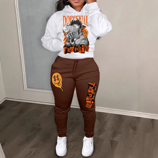 Cross-border European and American autumn and winter letter printing color block hooded sweatshirt suit casual long sleeve women's sportswear in stock
