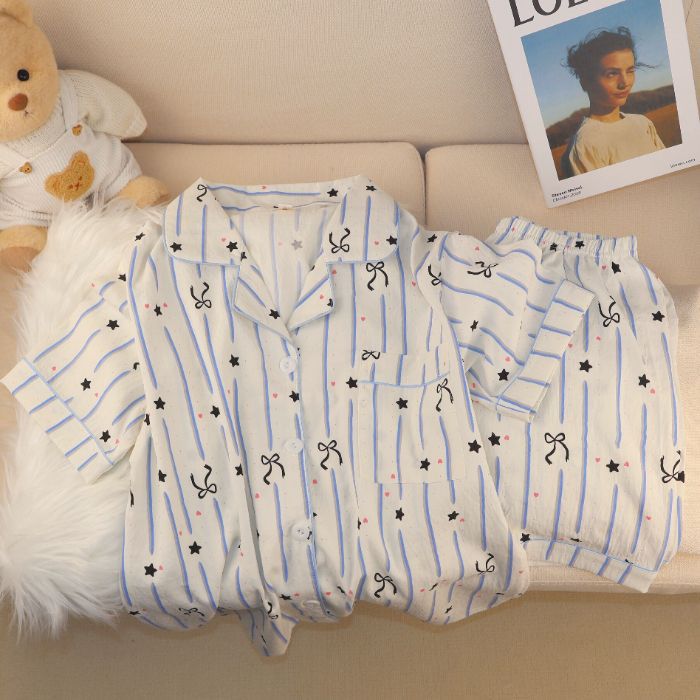Al por mayor transfronterizo nuevo verano nubes de algodón dibujos animados mangas cortas pantalones cortos pijamas ropa de casa de mujer set ropa de casa de moda