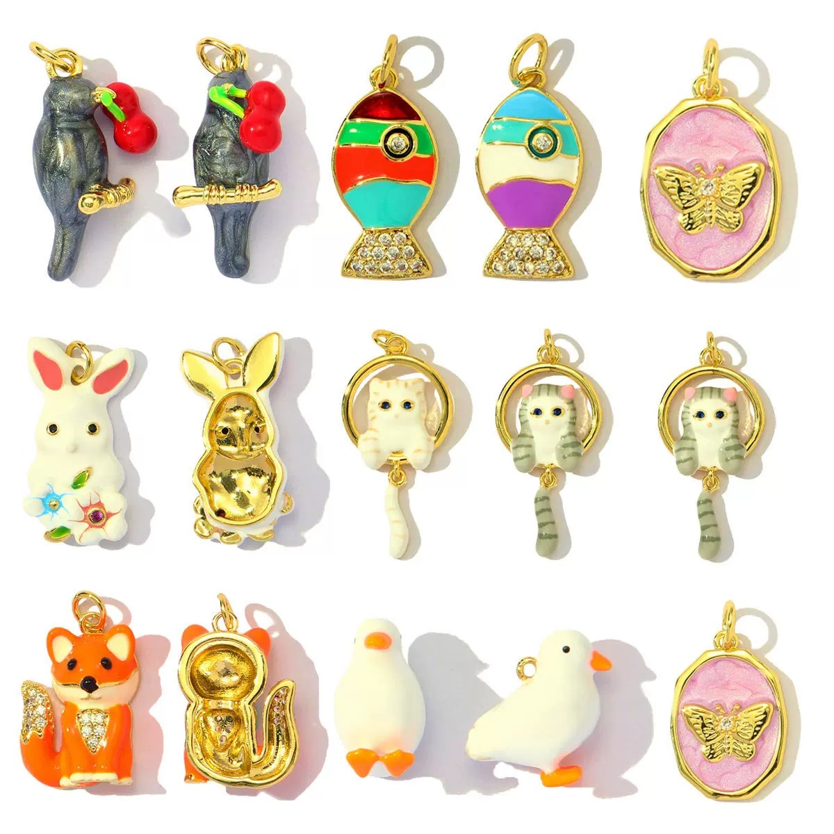 可爱滴油猫咪鹦鹉兔子diy铜吊坠耳环女小狗鱼马鸽子项链饰品配件