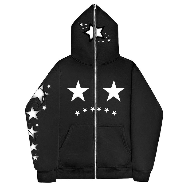 Dark Sweatshirt Men's and Women's Hoodie Gothic Couple Harajuku Large Size Five-pointed Star Print Full Face Zipper Sweatshirt