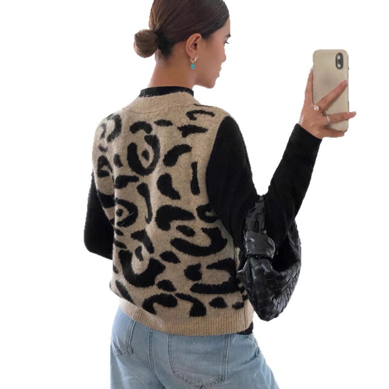 Leopard Print V-neck Knitted Cardigan Sweater Coat For Women