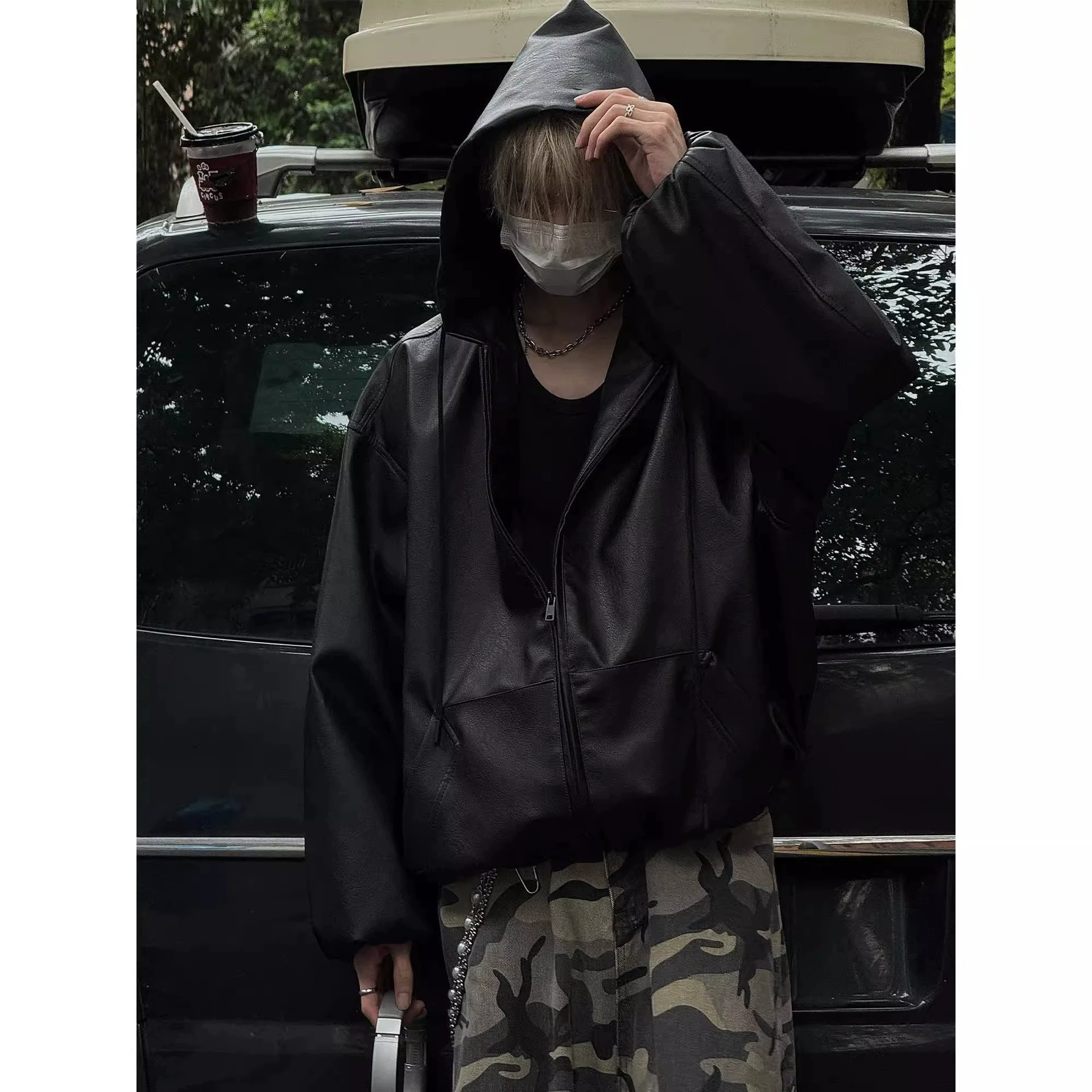 Уличный гость черный короткий кожаный пиджак мужской весенне-осенний американский ретро-пиджак с капюшоном