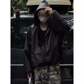 街客黑色短款pu皮衣外套男春秋季美式复古连帽夹克潮牌痞帅棒球服