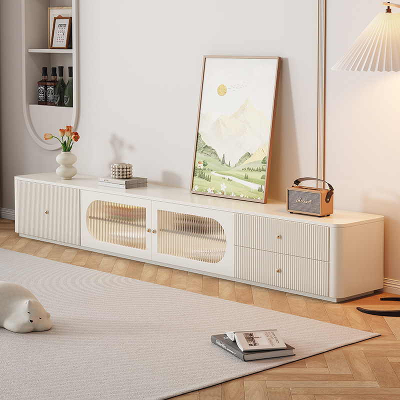 Cream Style Tv Cabinet Coffee Table Combination French Light Luxury Warm White Paint Living Room Floor-Standing Low Cabinet Floor Cabinet All Solid Wood