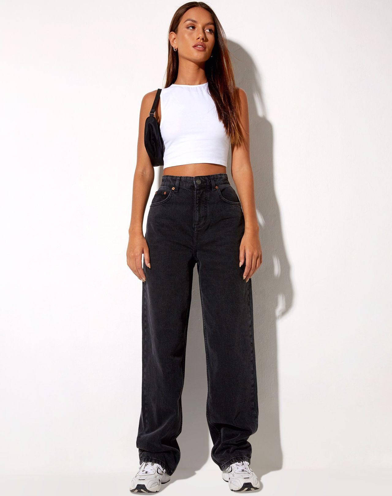 High Waist Loose Straight Cool Black Denim Trousers in Pants