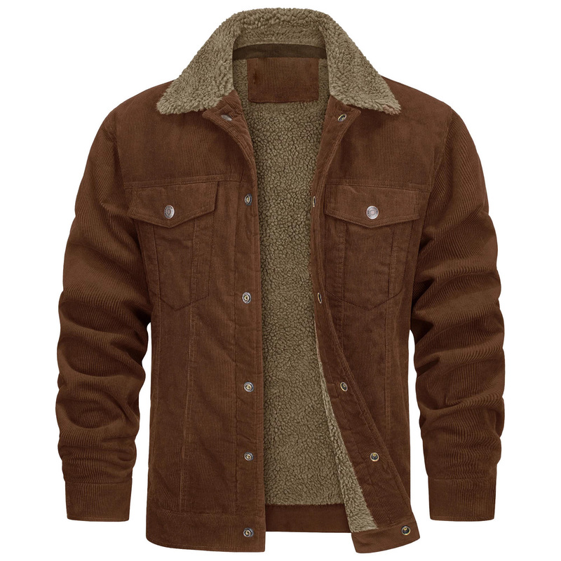 European and American Men's Corduroy Jacket Amazon Solid Color Lapel Single-Breasted Fleece-Lined Long-Sleeve Warm Men's Casual Coat European and American Men's Corduroy Jacket Amazon Solid Color Lapel Single-Breasted Fleece-Lined Long-Sleeve Warm Men's Casual Coat