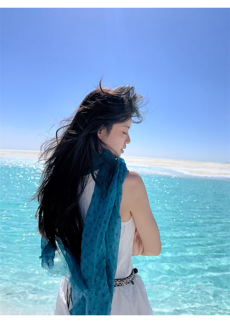 Hijab de seda y chal de algodón y lino para mujer azul lago_voghion.com