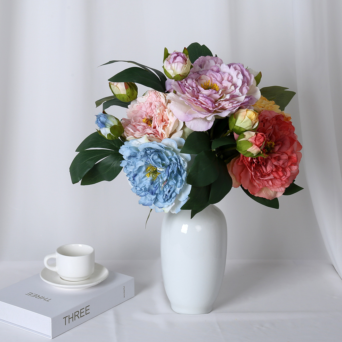 Simulación de una sola rama 2 cabeza peonía de borde asado estilo nórdico decoración de bodas decorativa floral pintura al óleo peonía imitación flores