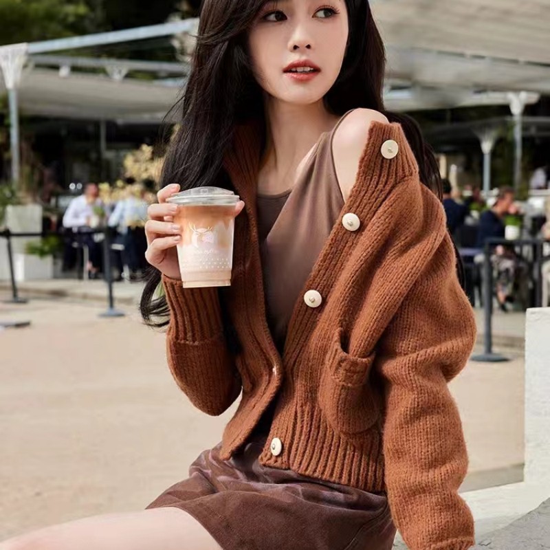 白鹿明星同款棕色重工加厚针织开衫女春秋2025新软糯100纯羊毛衫