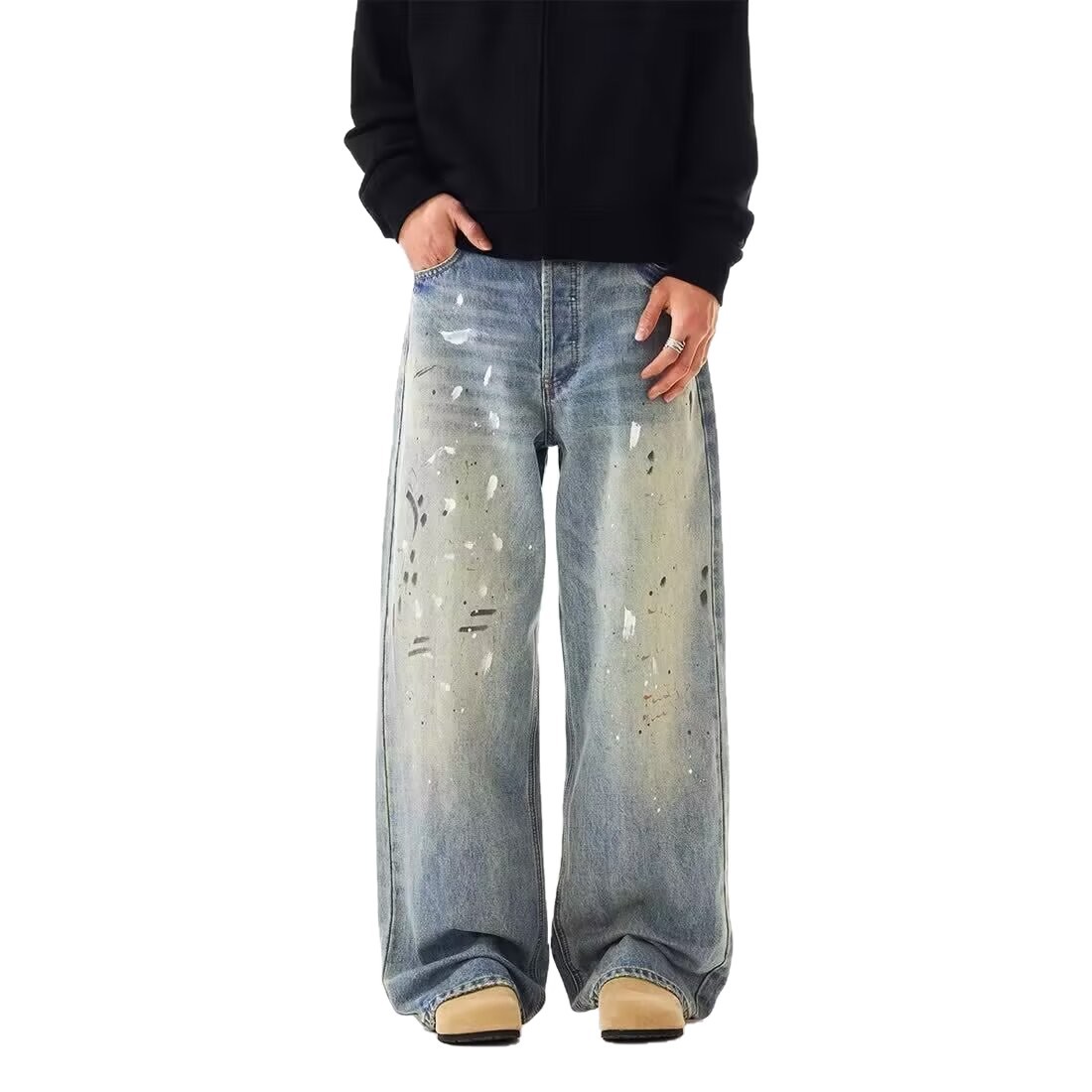 Men's Clothing Men's Retro Trendy Ink Splatter Wash Distressed Loose Straight Leg Wide Leg Jeans Versatile Casual Commuting Pants_mkmklike.com