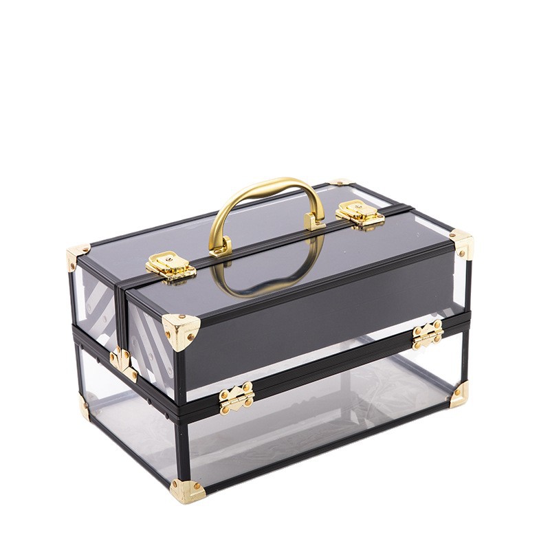Fuente fabricante de maletas de aleación de aluminio impermeable caja de maquillaje acrílico transparente oro rosa caja de maquillaje acrílico