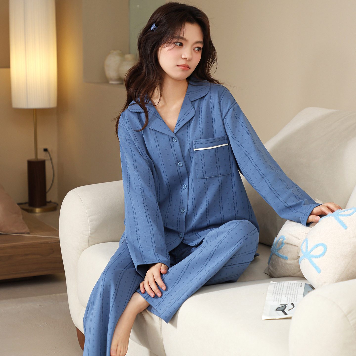 睡衣女秋冬款长袖翻领简约套装春秋新款女士韩版秋天加大码家居服