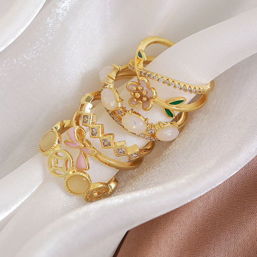 Cross-border personalized fashion ring retro niche cat eye rhinestone bow flower geometric open ring hand ornaments