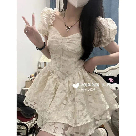 2024 Summer New Jacquard Doll Dress Puff Sleeve dress Retro Style Sweet Stitching Square Neck Princess Dress
