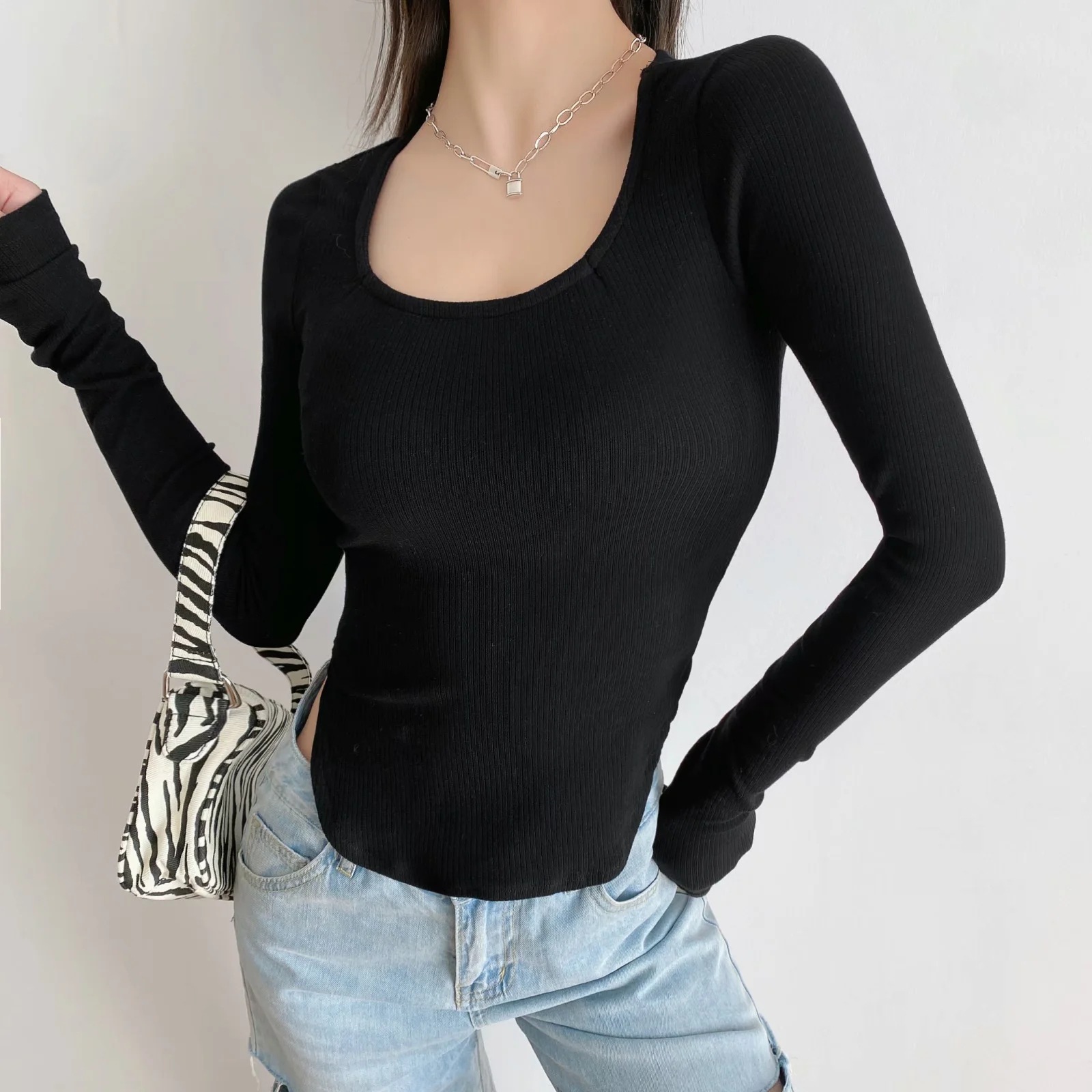 square neck irregular hem pit strip knitted T-shirt  NSAC32074