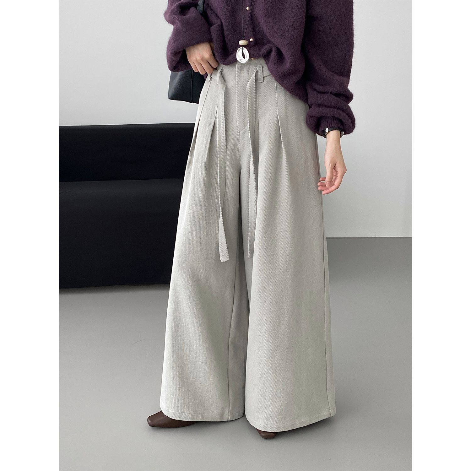 【Non-Returnable】Korean-Style Simple Tencel Cotton Wide-Leg Pants for Women, High-Waisted Casual Long Pants 6151