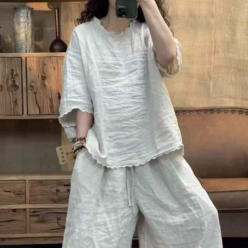 2025 Summer New Linen Artistic Style Lace Casual Versatile Women's Tops 2025 Summer New Linen Artistic Style Lace Casual Versatile Women's Tops