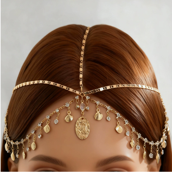 European and American Cross-Border Fashion Exotic Style Exquisite Chain Headpiece, Rhinestone-Embellished Scallop Multi-Layer Tassel Forehead Chain