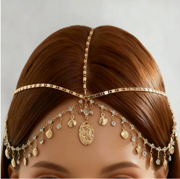 European and American Cross-Border Fashion Exotic Style Exquisite Chain Headpiece, Rhinestone-Embellished Scallop Multi-Layer Tassel Forehead Chain