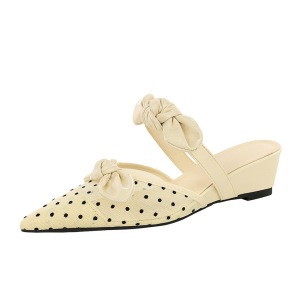 599-12 French mesh wrapped half slippers for women, versatile, shallow bow, sloping heel, pointed toe, one foot flip flo