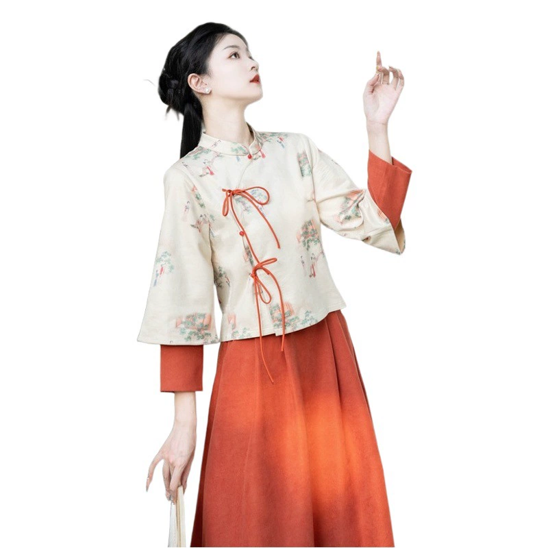 Новинка 2024 года: весенне-осенний комплект в китайском стиле — ретро-народный костюм с принтом, замшевый тан-костюм, модифицированный ханьфу, комплект для чаепития в стиле дзен