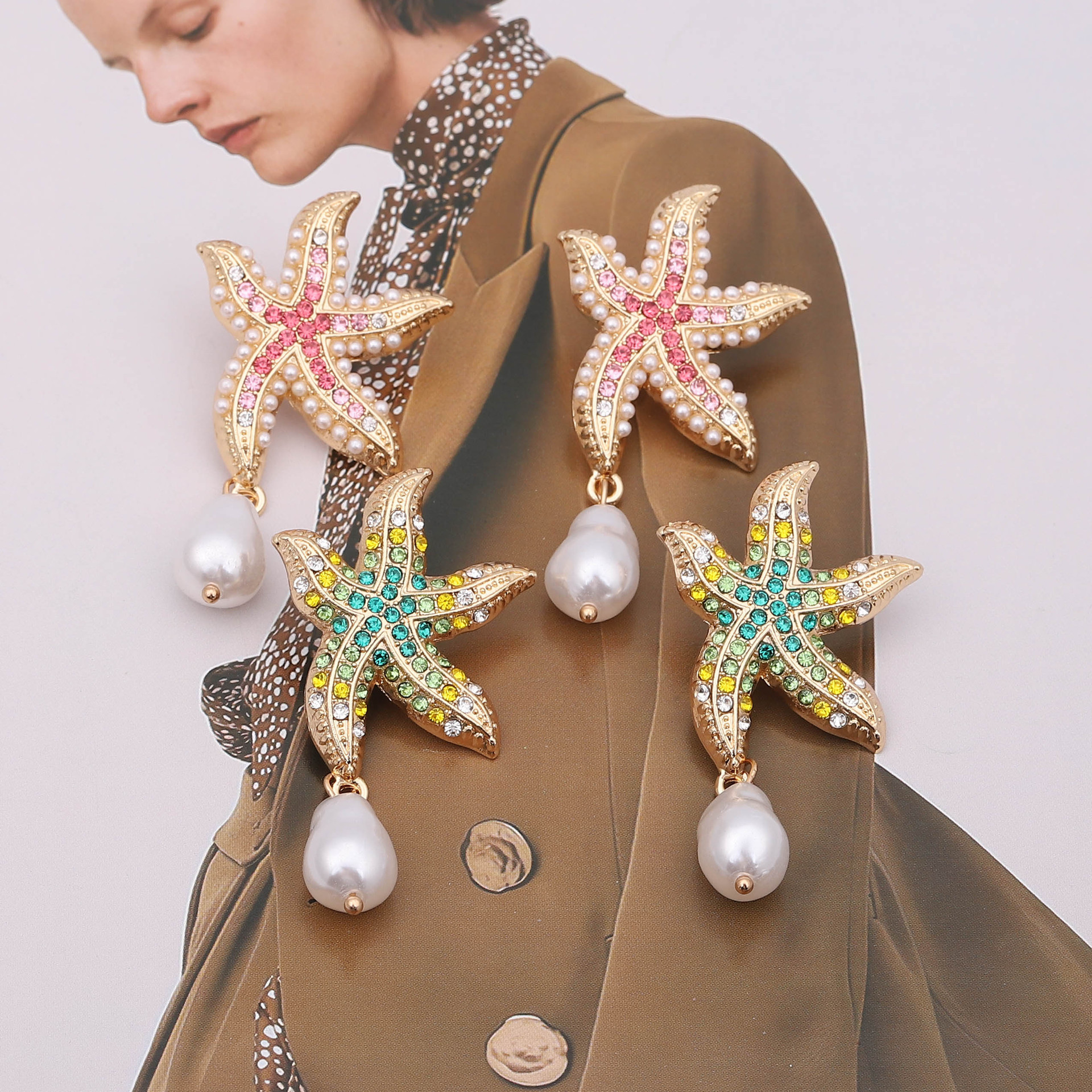 Inlay Design 1 Pair Casual Beach Starfish Inlay Zinc Alloy Rhinestones Pearl Drop Earrings