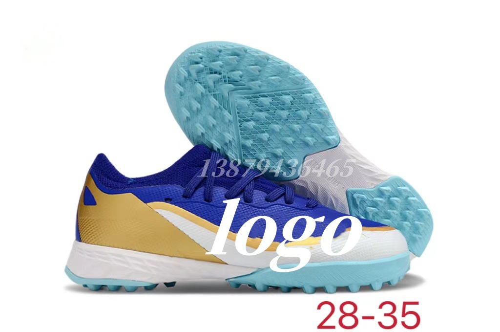 Los fabricantes de Putian venden al por mayor zapatos de fútbol de la serie X de entrenamiento verde de uñas rotas para niños y niñas de interior transfronterizos