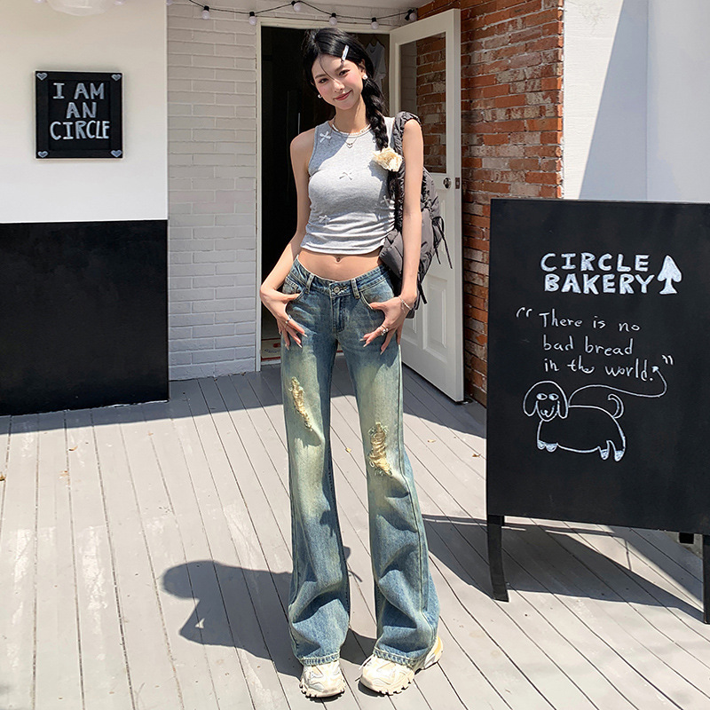 American-Style Distressed Low-Waist Flared Jeans for Women, 2026 New Model, Slimming High Street Vibe, Floor-Length Trendy Pants