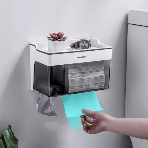 Caja de pañuelos de baño Soporte de pañuelos de papel sin perforaciones montado en la pared del inodoro Soporte de toallas de papel de gran capacidad Soporte de rollo de papel de baño